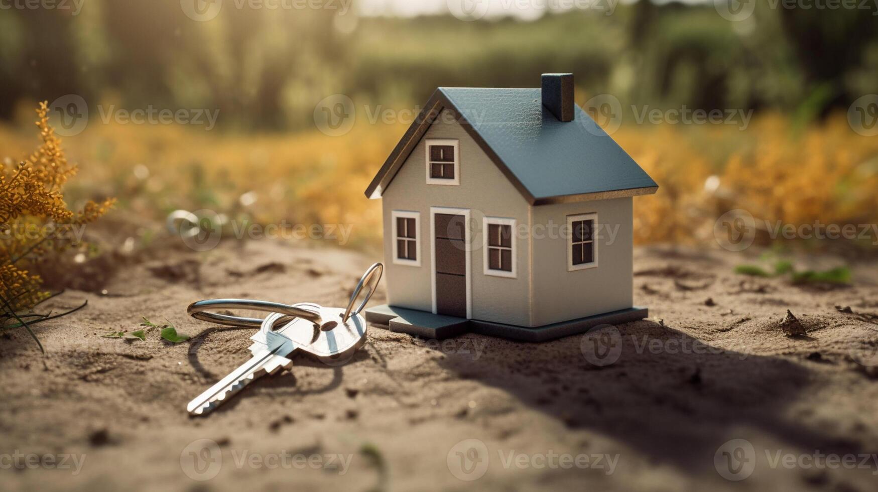 Miniatur Haus mit Schlüssel auf hölzern Hintergrund. echt Nachlass Konzept., ai generiert Kunstwerk foto