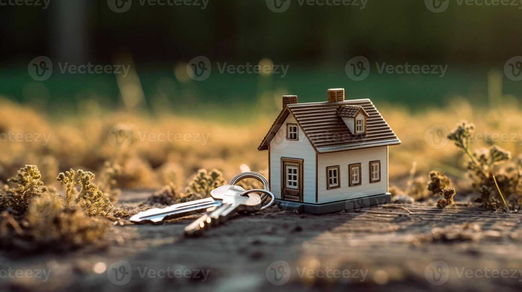 Miniatur Haus mit Schlüssel auf hölzern Hintergrund. echt Nachlass Konzept., ai generiert Kunstwerk foto