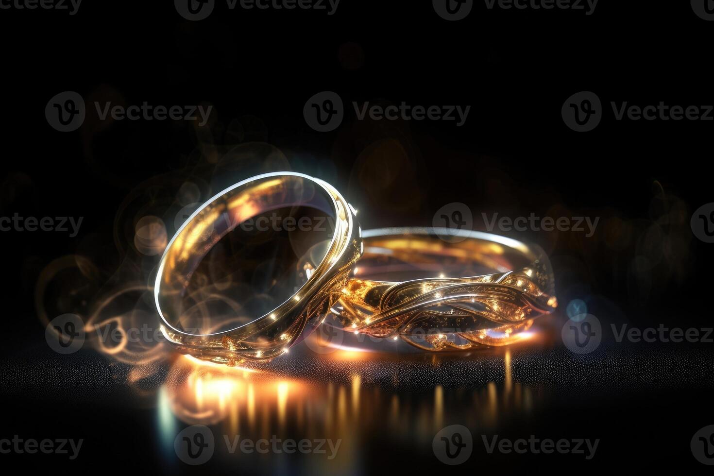 zwei Hochzeit Ringe gemacht von Licht und Energie erstellt mit generativ ai Technologie. foto