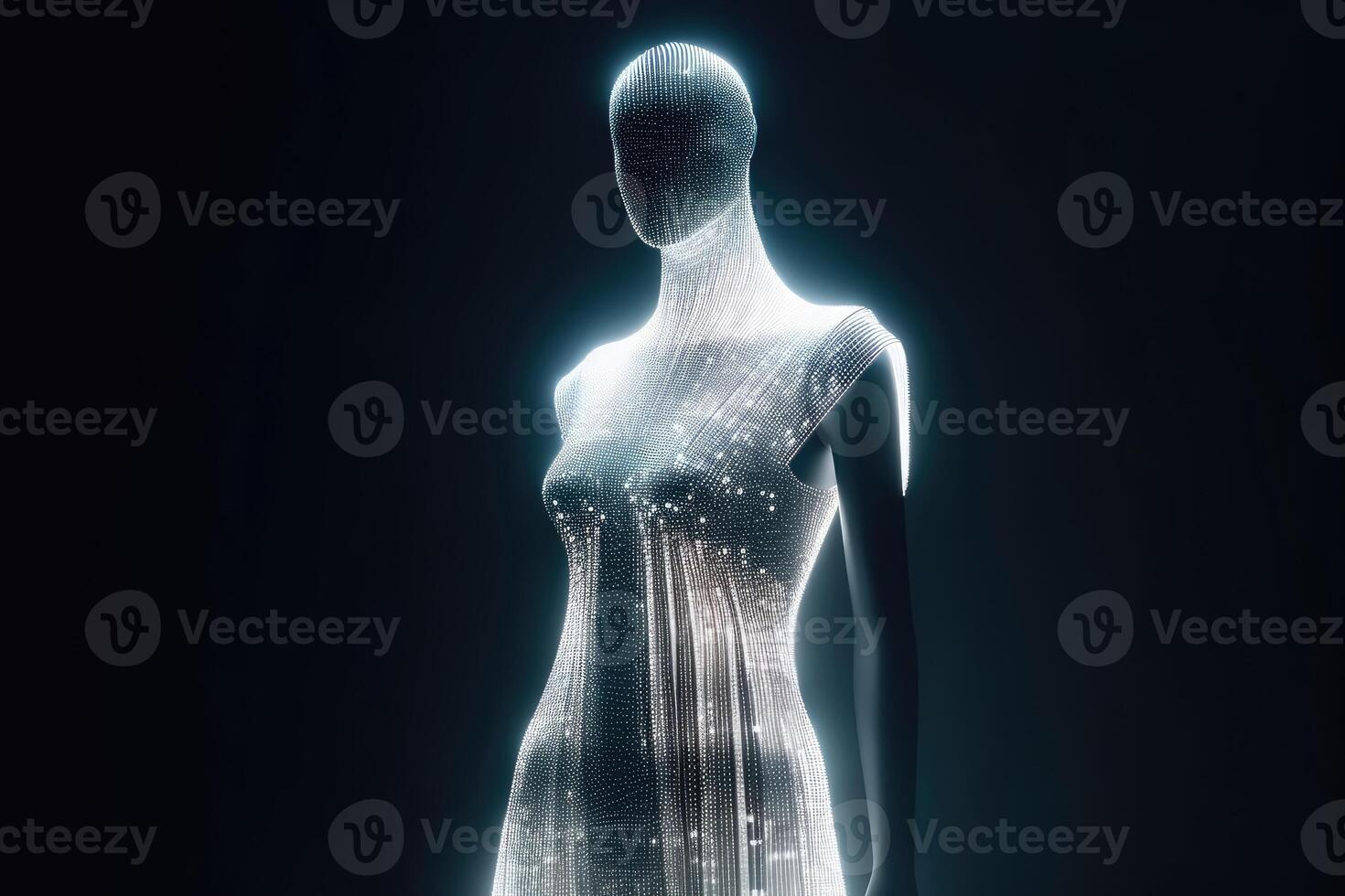 ein elegant Kleid gemacht von Ballaststoff Optik Kabel auf ein Mannequin erstellt mit generativ ai Technologie. foto