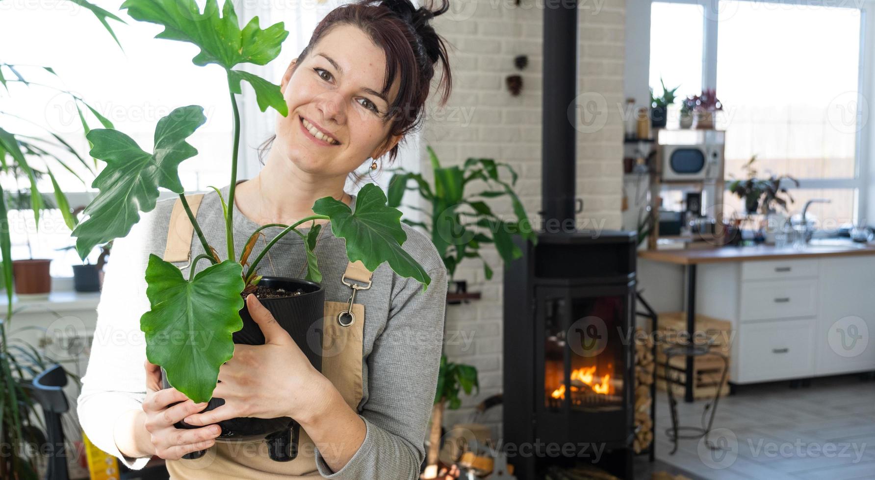 ein glücklich Frau im ein Grün Haus mit ein eingetopft Pflanze im ihr Hände lächelt, nimmt Pflege von ein Blume. das Innere von ein gemütlich umweltfreundlich Haus, ein Kamin Herd, ein Hobby zum wachsend und Zucht Homeplant foto