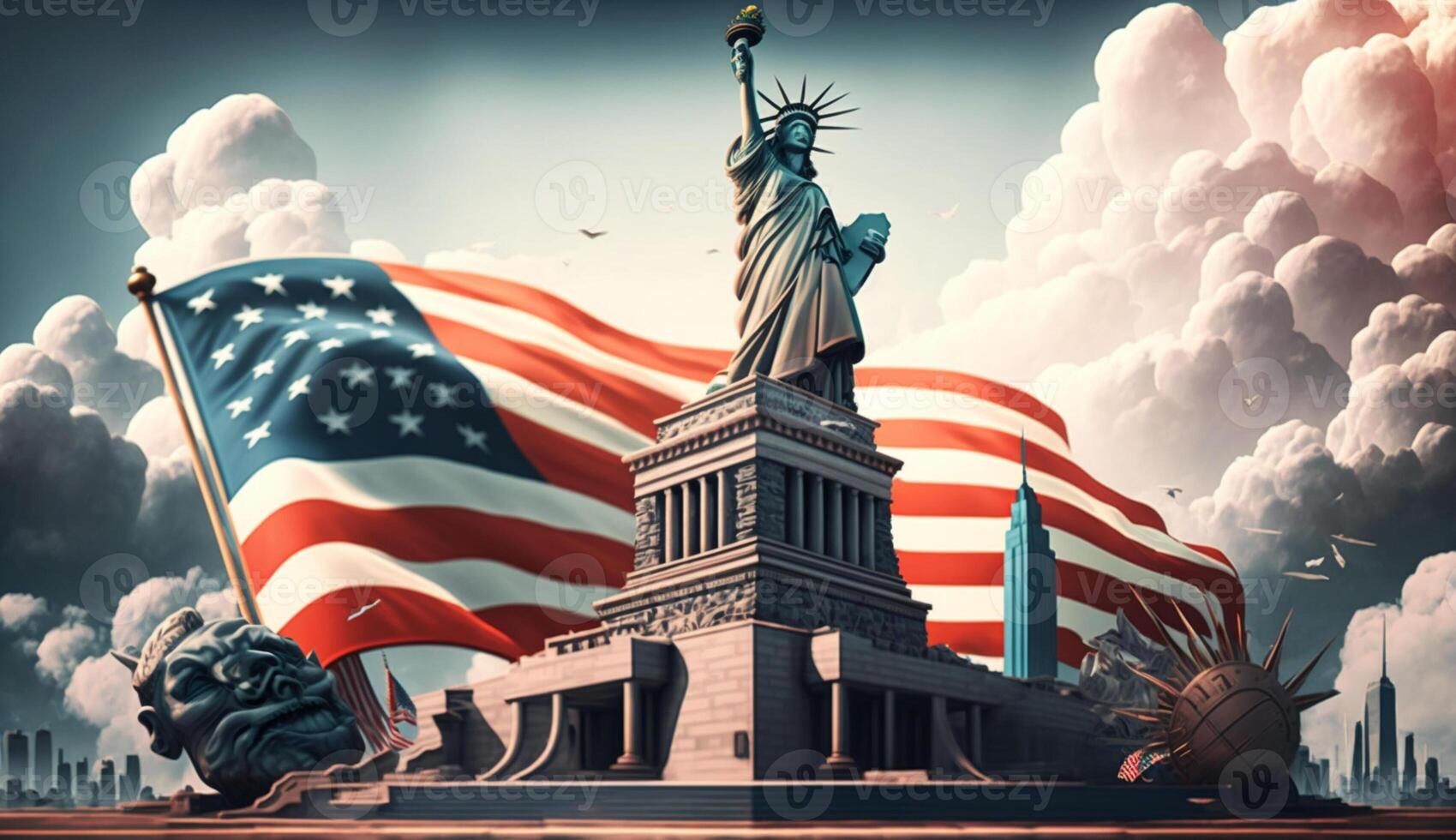 amerikanisch Flagge mit das berühmt Sehenswürdigkeiten Comic Buch Stil ai generiert foto