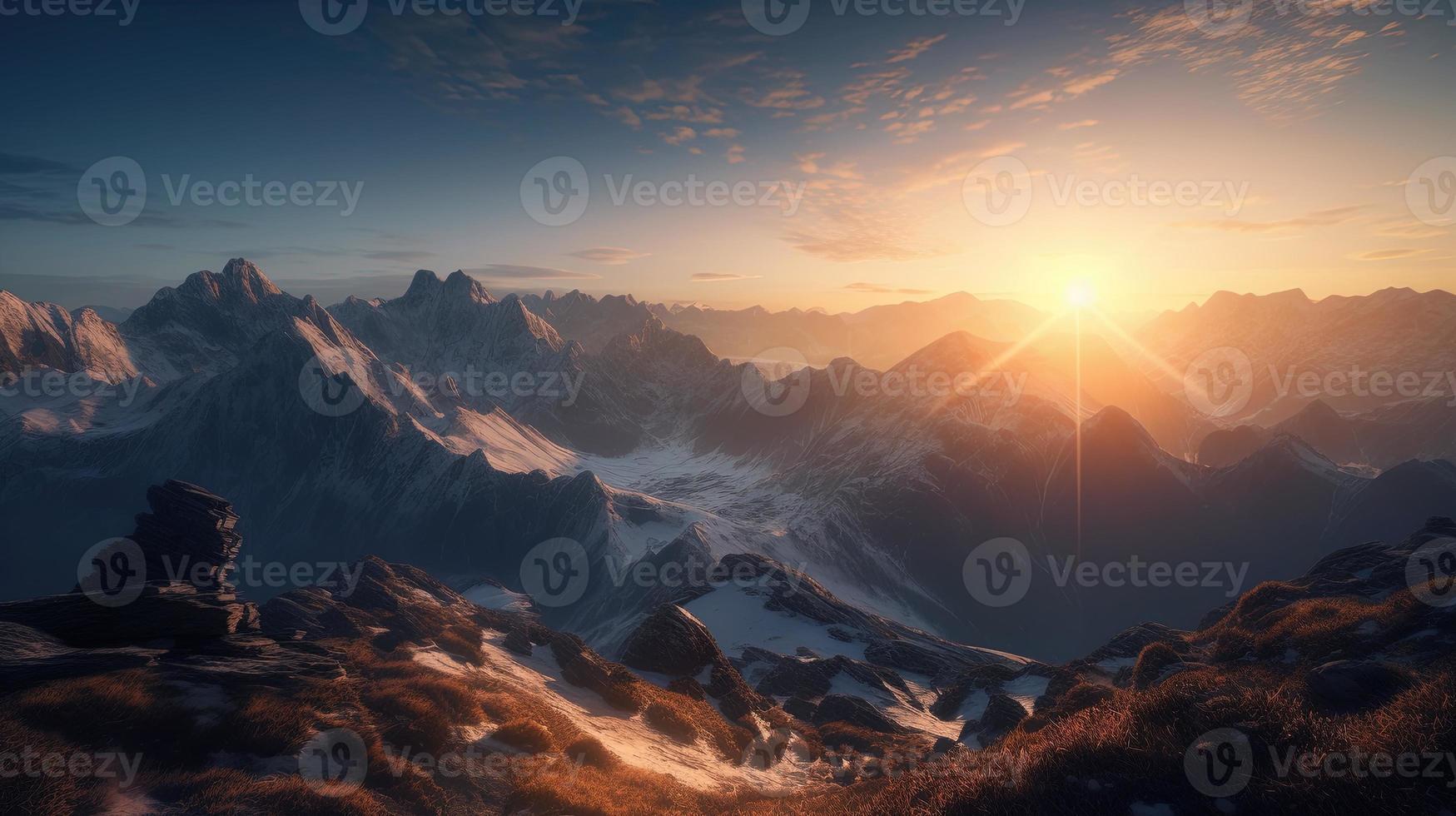 Sonnenuntergang im das Berge. Sonnenaufgang im das Berge. schön Winter Landschaft, Berg Landschaft beim Sonnenuntergang. Panorama- Aussicht von das Berge foto