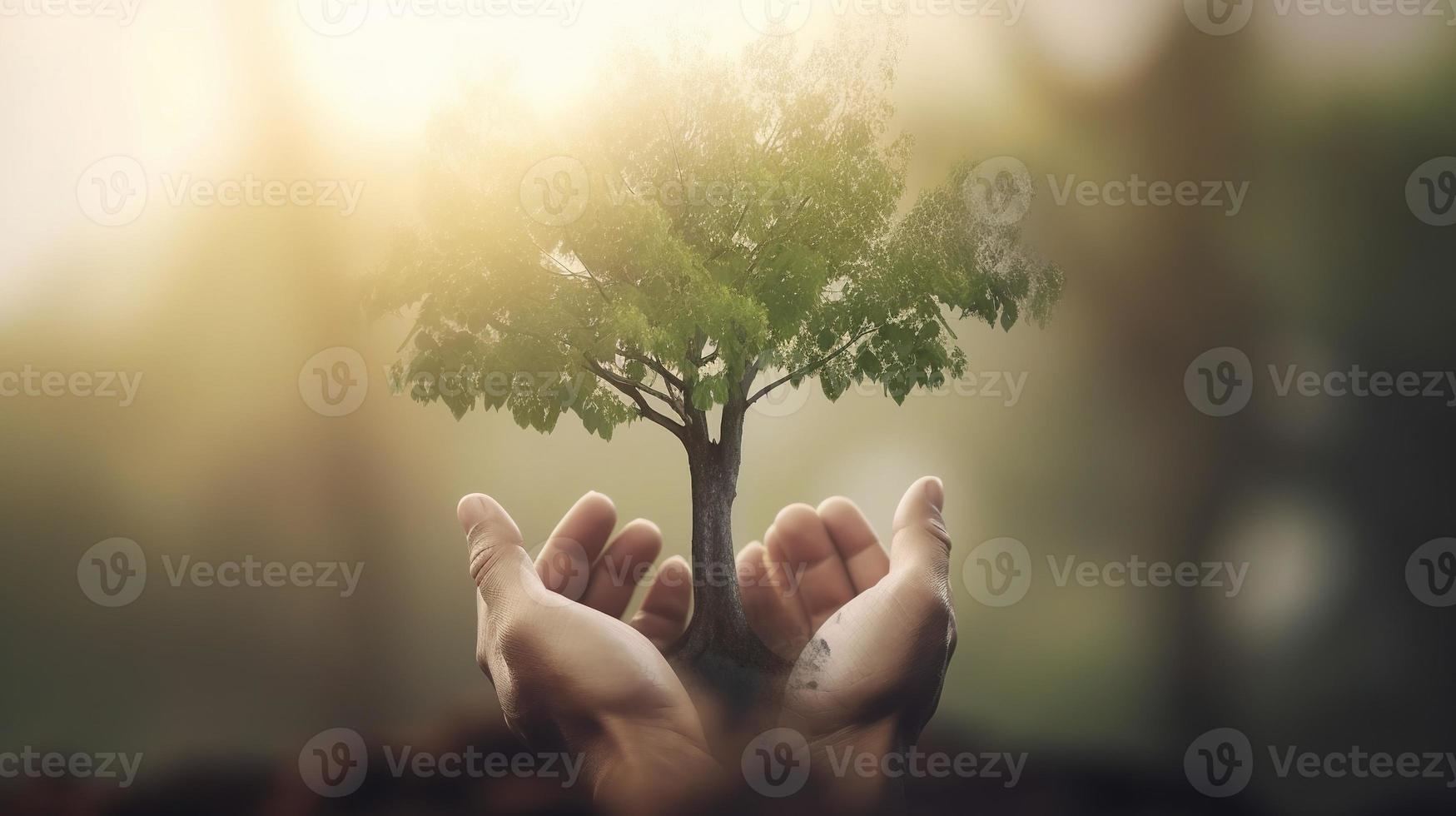 künstlerisch Hände Umarmung der Natur Schönheit halten Baum Über verschwommen Hintergrund foto