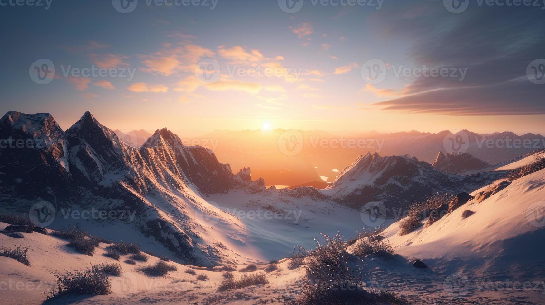 Sonnenuntergang im das Berge. Sonnenaufgang im das Berge. schön Winter Landschaft, Berg Landschaft beim Sonnenuntergang. Panorama- Aussicht von das Berge foto