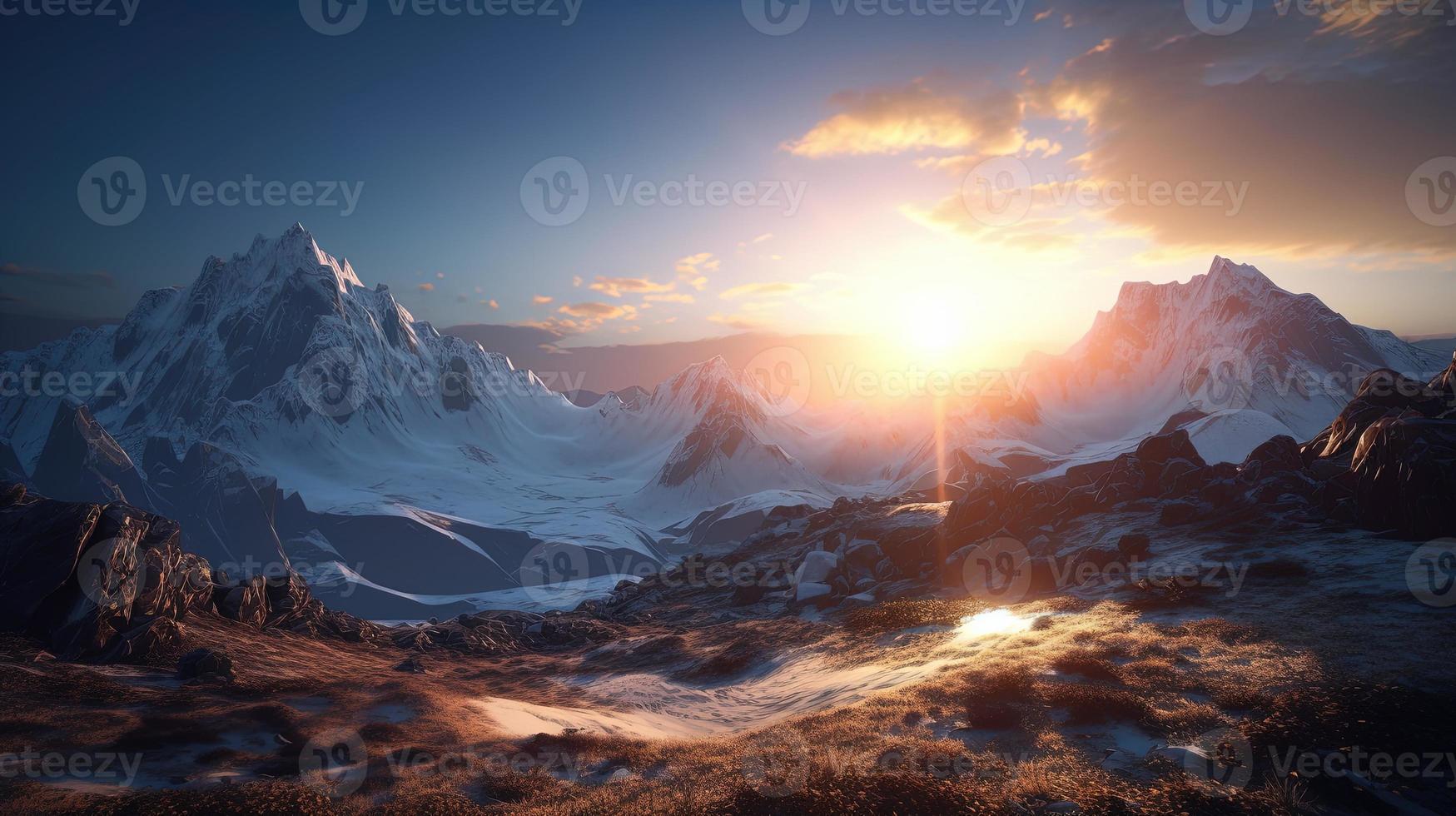 Sonnenuntergang im das Berge. Sonnenaufgang im das Berge. schön Winter Landschaft, Berg Landschaft beim Sonnenuntergang. Panorama- Aussicht von das Berge foto