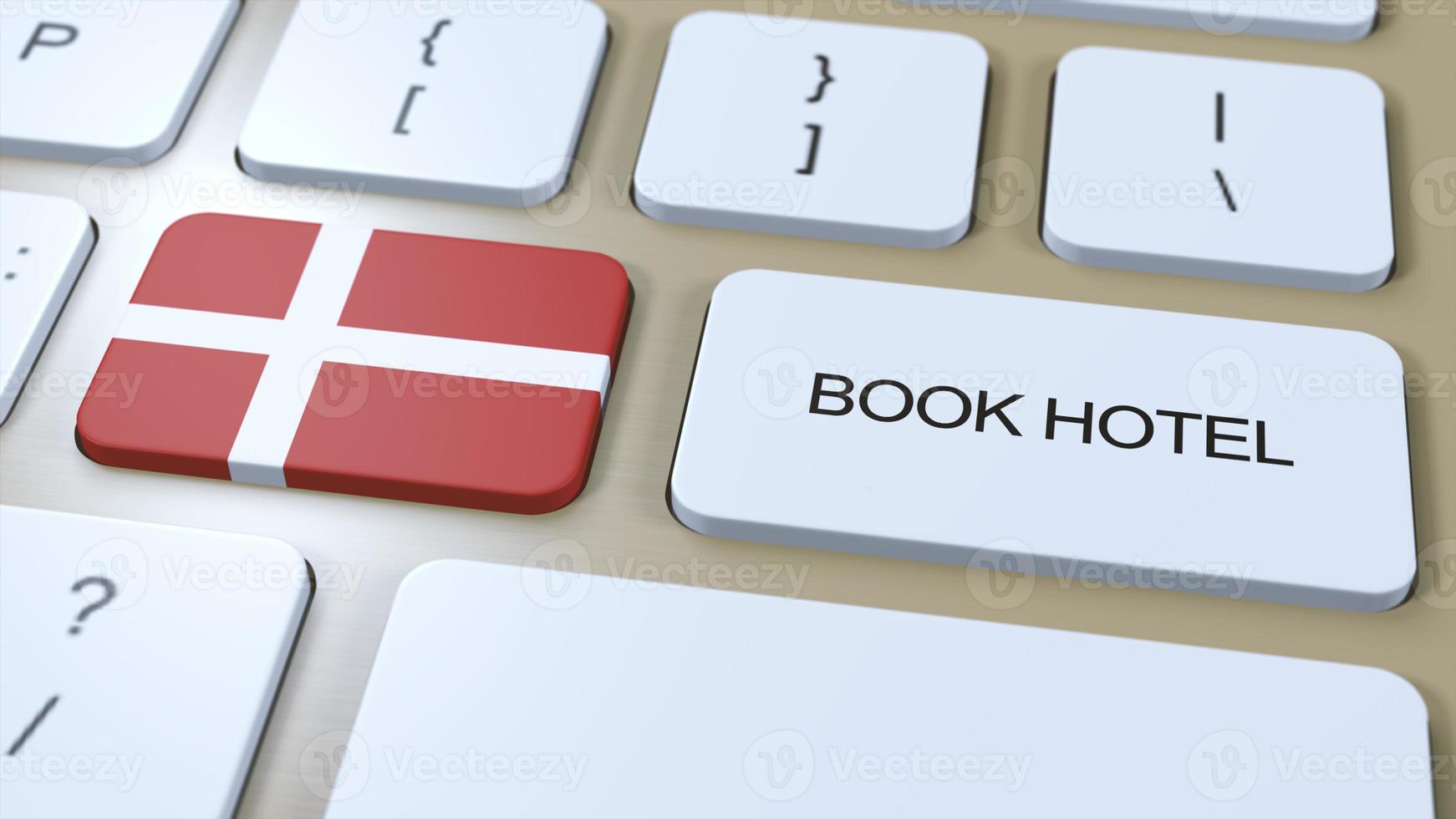 Buch Hotel im Dänemark mit Webseite online. Taste auf Computer Klaviatur. Reise Konzept 3d Animation. Buch Hotel Text und National Flagge. 3d Illustration foto