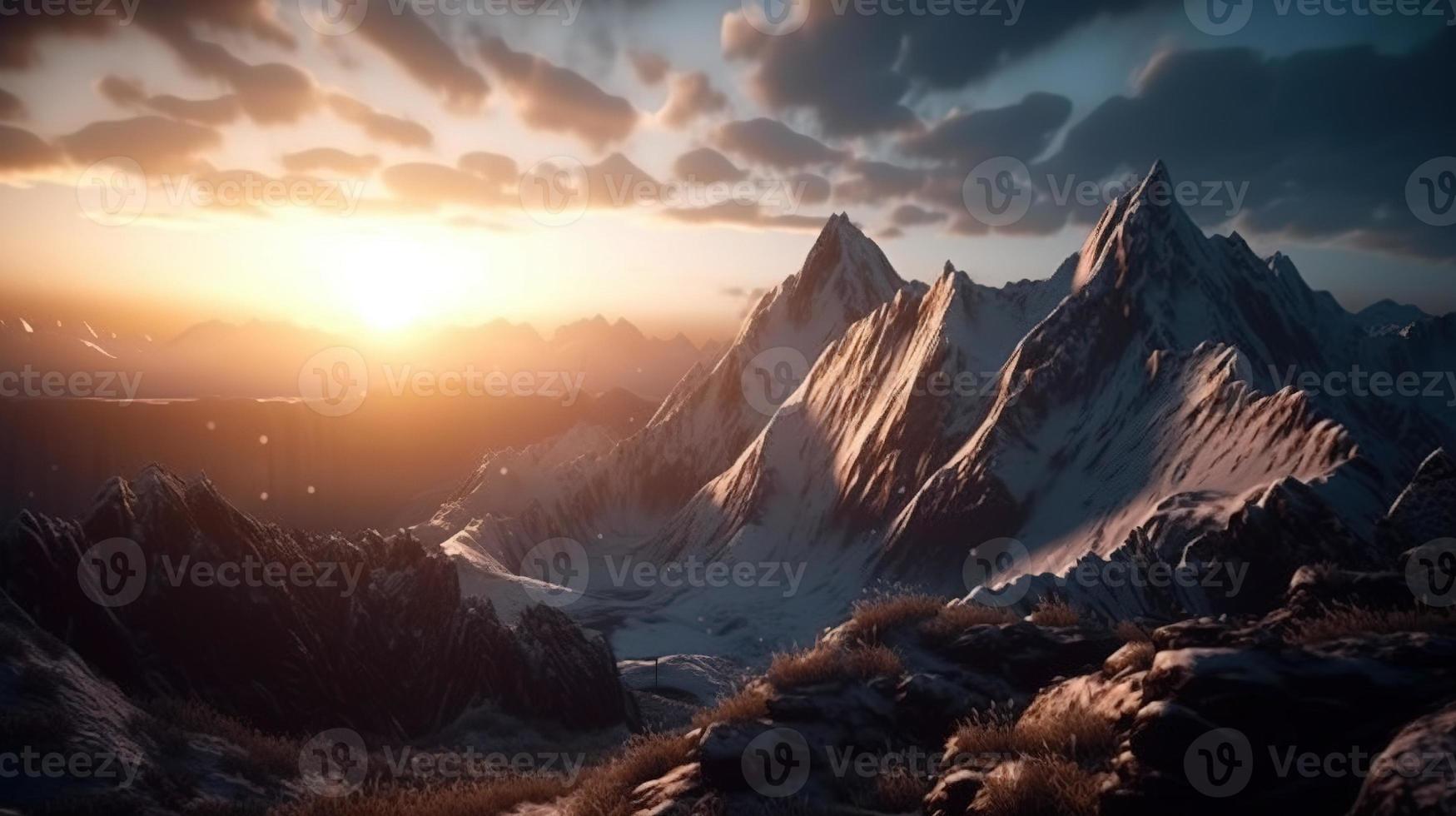 Sonnenuntergang im das Berge. Sonnenaufgang im das Berge. schön Winter Landschaft, Berg Landschaft beim Sonnenuntergang. Panorama- Aussicht von das Berge foto