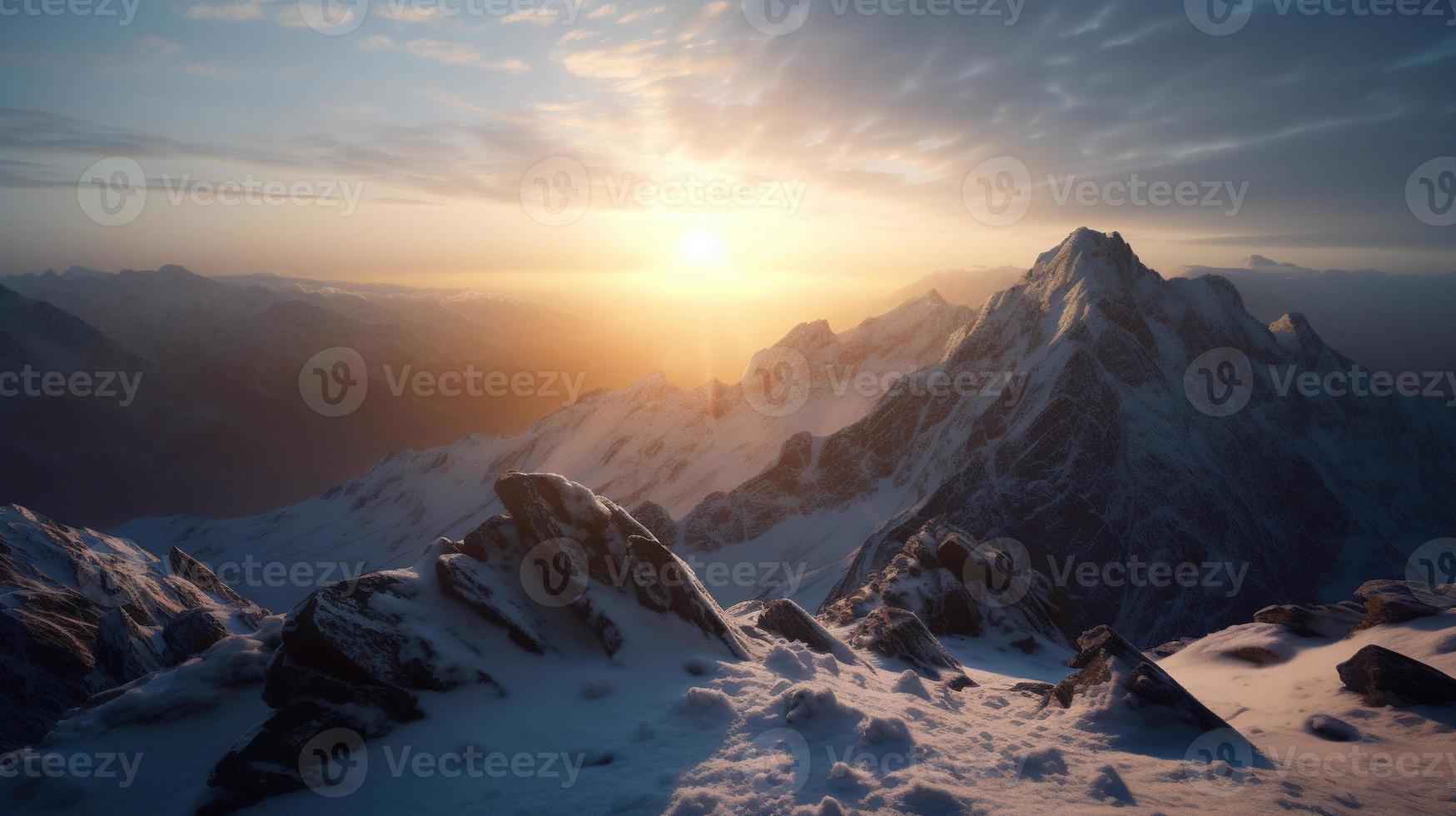 Sonnenuntergang im das Berge. Sonnenaufgang im das Berge. schön Winter Landschaft, Berg Landschaft beim Sonnenuntergang. Panorama- Aussicht von das Berge foto