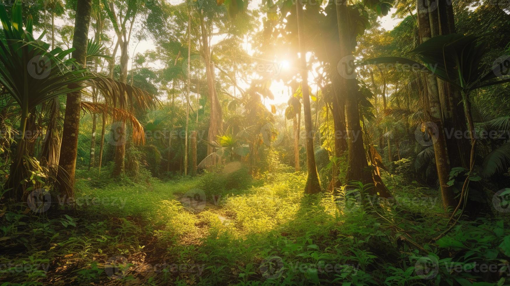 ein friedlich Wald Clearing gebadet im warm Sonnenlicht, umgeben durch hoch Bäume und üppig Laub, mit ein sanft Strom rieseln durch das Unterholz und ein entfernt Berg Angebot sichtbar foto