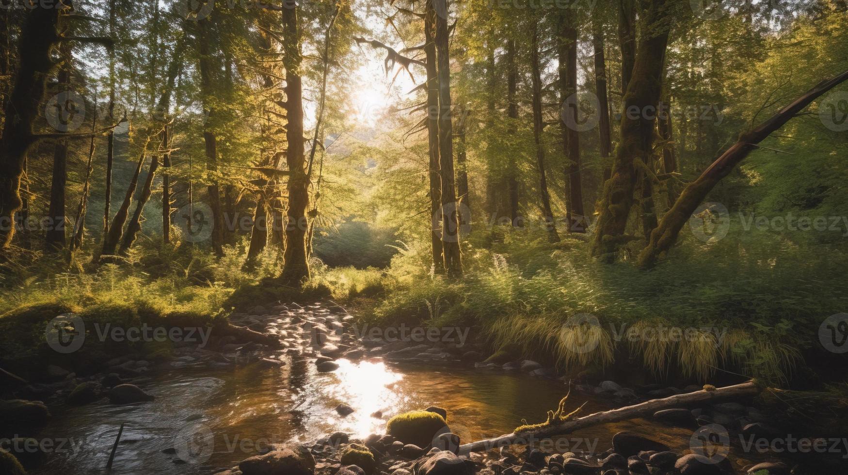 ein friedlich Wald Clearing gebadet im warm Sonnenlicht, umgeben durch hoch Bäume und üppig Laub, mit ein sanft Strom rieseln durch das Unterholz und ein entfernt Berg Angebot sichtbar foto