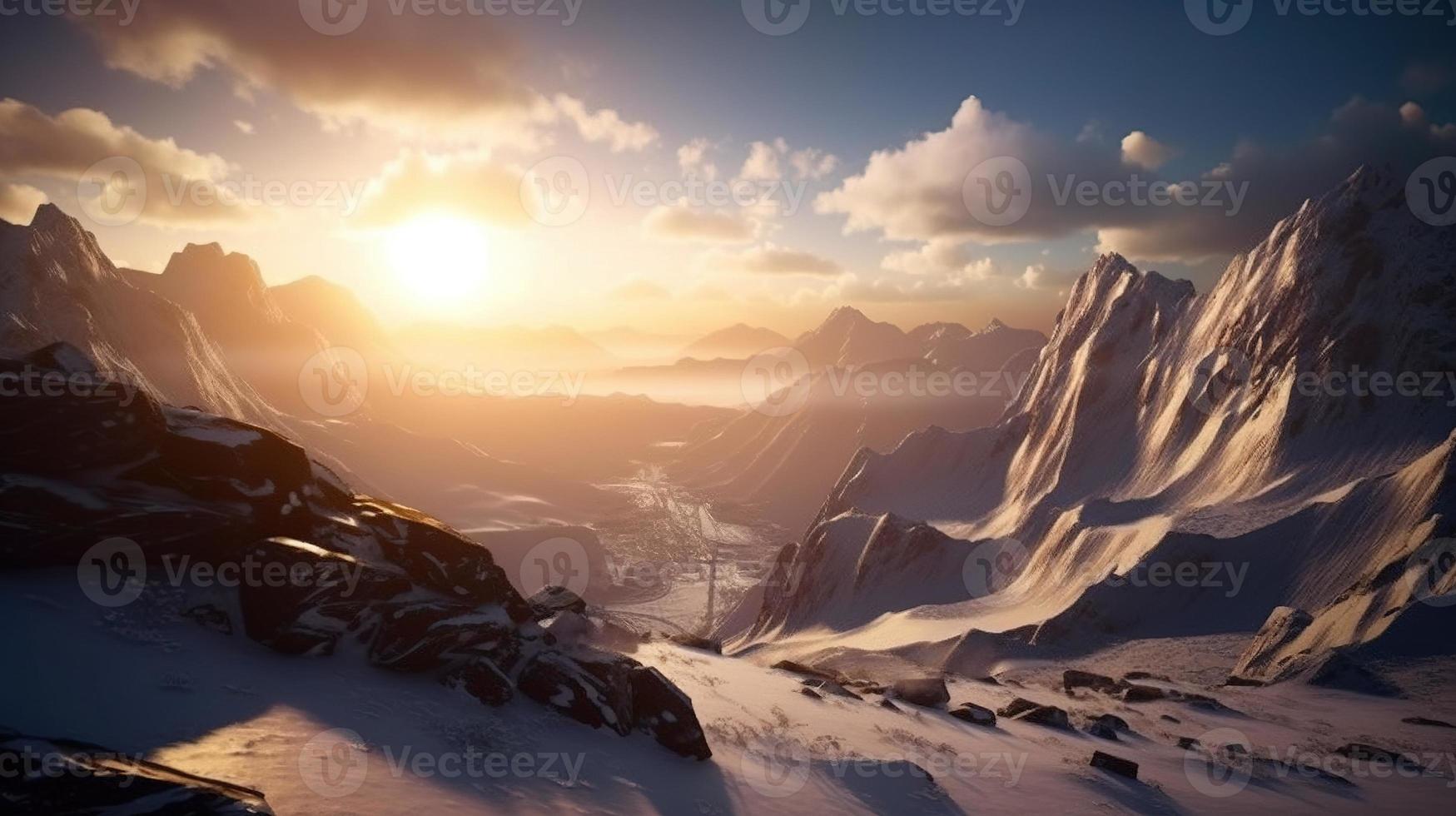 Sonnenuntergang im das Berge. Sonnenaufgang im das Berge. schön Winter Landschaft, Berg Landschaft beim Sonnenuntergang. Panorama- Aussicht von das Berge foto