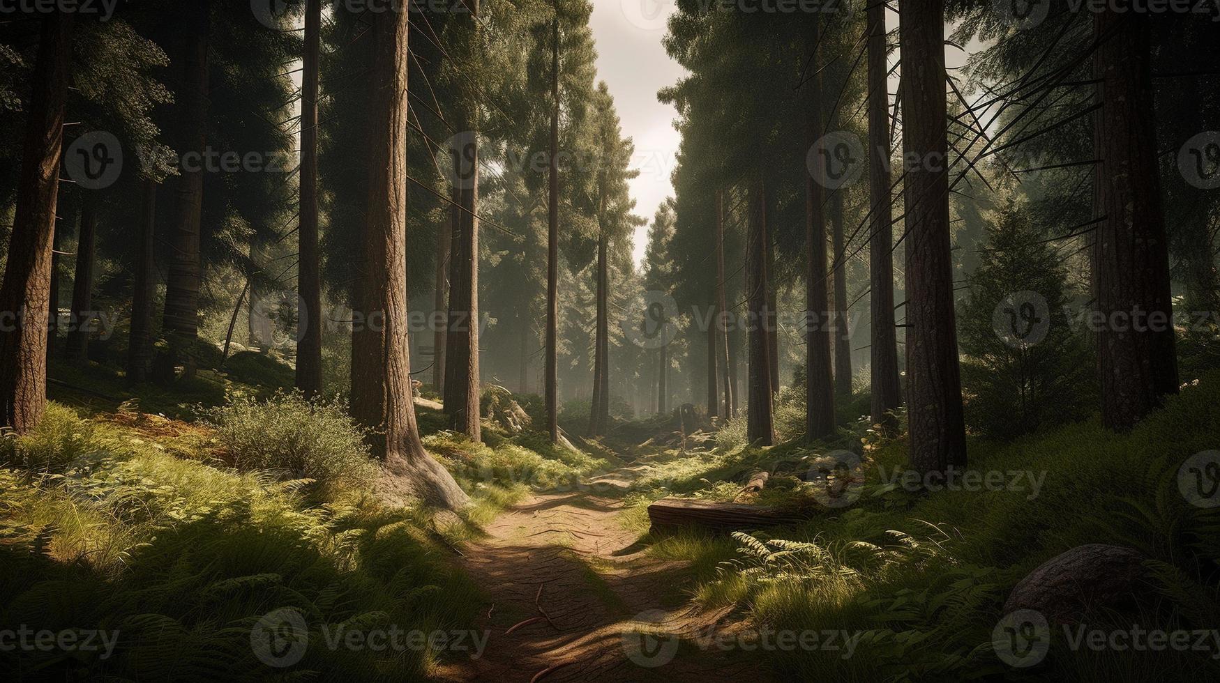 nebelig Pfad durch das Wald ,Sonnenuntergang im ein dunkel Wald mit Strahlen von Licht Vorbeigehen durch das Bäume foto