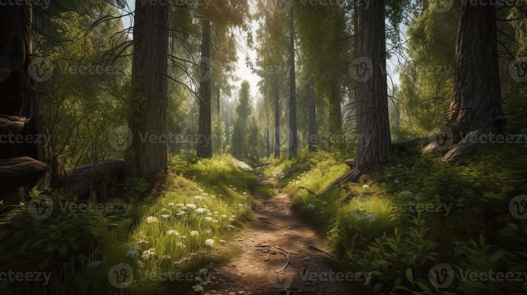 nebelig Pfad durch das Wald ,Sonnenuntergang im ein dunkel Wald mit Strahlen von Licht Vorbeigehen durch das Bäume foto