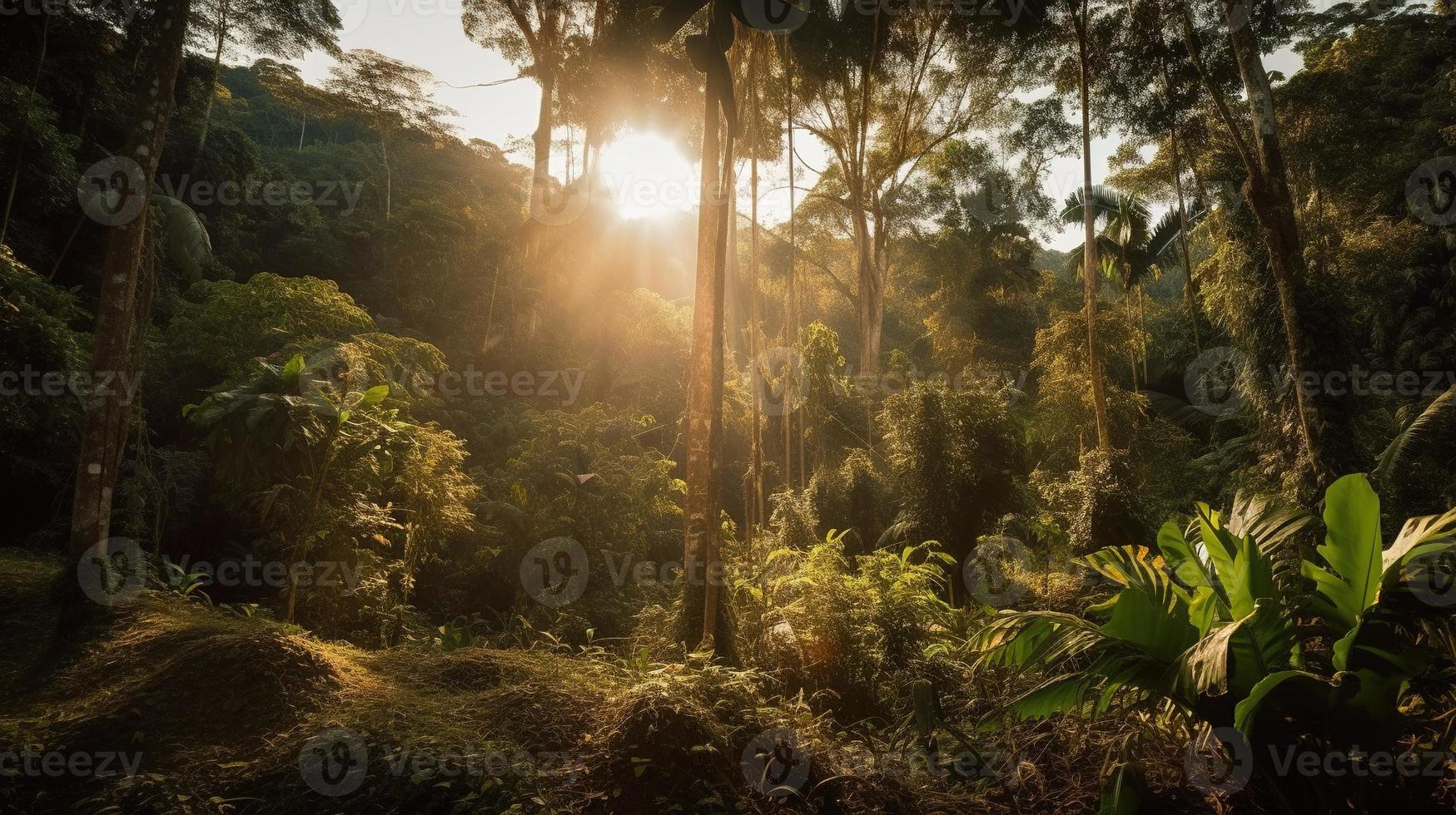 ein friedlich Wald Clearing gebadet im warm Sonnenlicht, umgeben durch hoch Bäume und üppig Laub, mit ein sanft Strom rieseln durch das Unterholz und ein entfernt Berg Angebot sichtbar foto