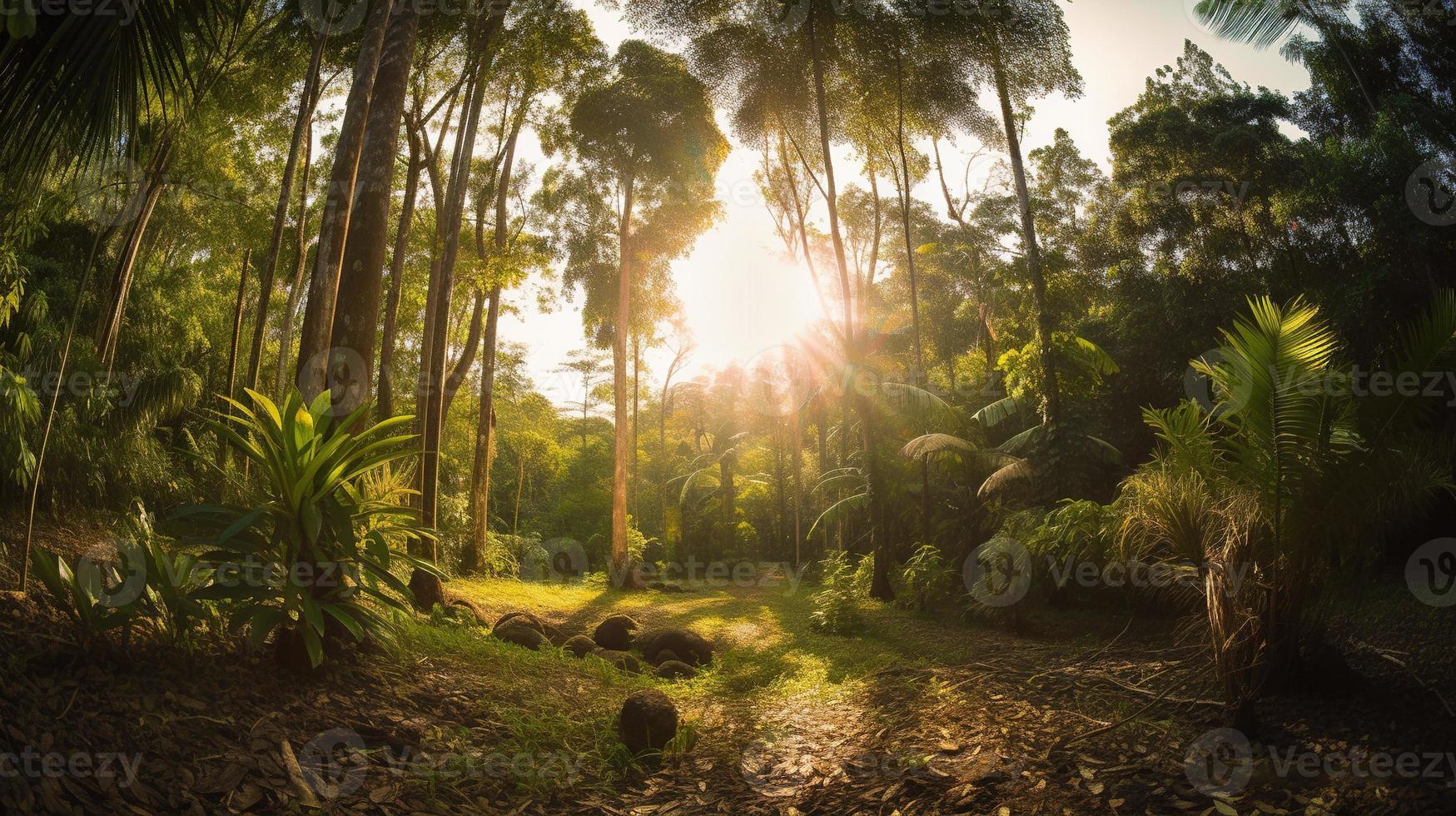 ein friedlich Wald Clearing gebadet im warm Sonnenlicht, umgeben durch hoch Bäume und üppig Laub, mit ein sanft Strom rieseln durch das Unterholz und ein entfernt Berg Angebot sichtbar foto