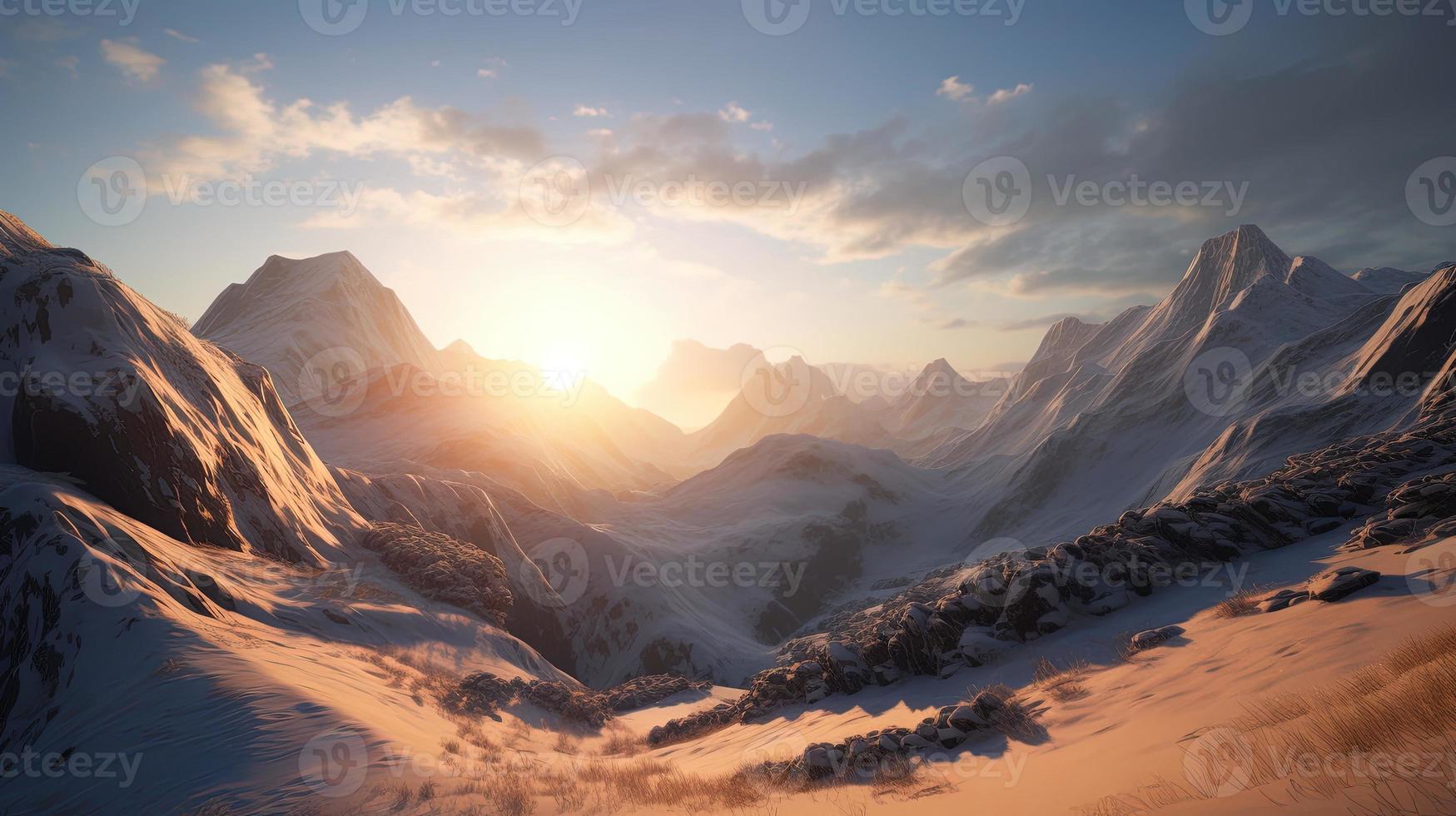 Sonnenuntergang im das Berge. Sonnenaufgang im das Berge. schön Winter Landschaft, Berg Landschaft beim Sonnenuntergang. Panorama- Aussicht von das Berge foto