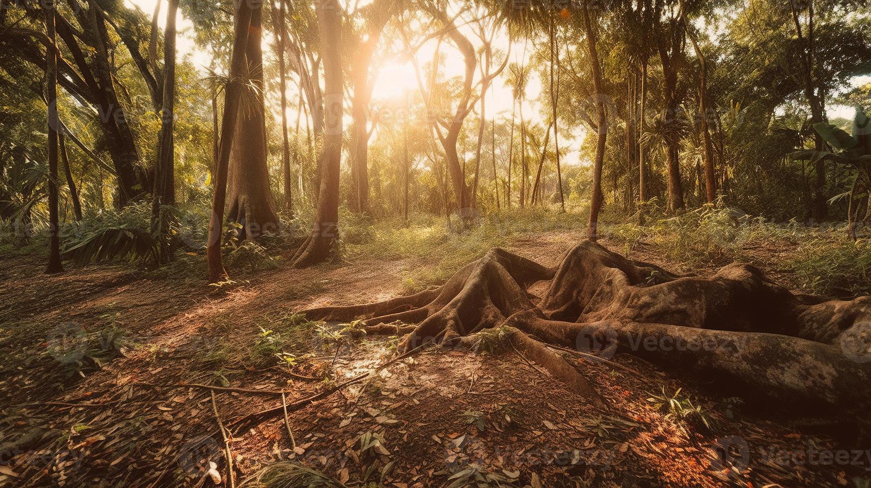 ein friedlich Wald Clearing gebadet im warm Sonnenlicht, umgeben durch hoch Bäume und üppig Laub, mit ein sanft Strom rieseln durch das Unterholz und ein entfernt Berg Angebot sichtbar foto