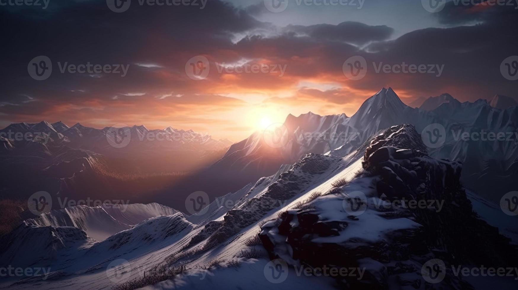 Sonnenuntergang im das Berge. Sonnenaufgang im das Berge. schön Winter Landschaft, Berg Landschaft beim Sonnenuntergang. Panorama- Aussicht von das Berge foto