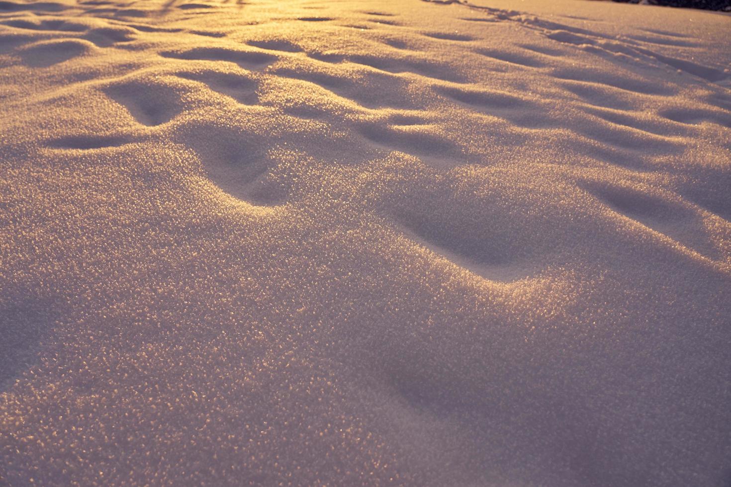 Schneetextur an einem frostigen Abend bei Sonnenuntergang foto