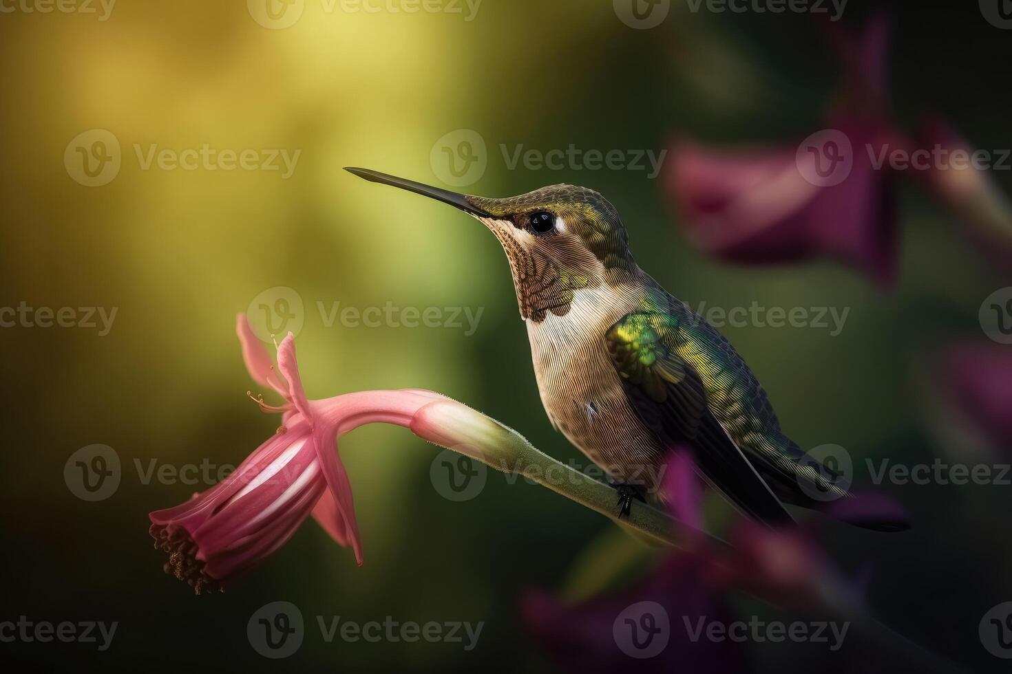 Porträt von ein Grün Kolibri auf ein Blume erstellt mit generativ ai Technologie. foto