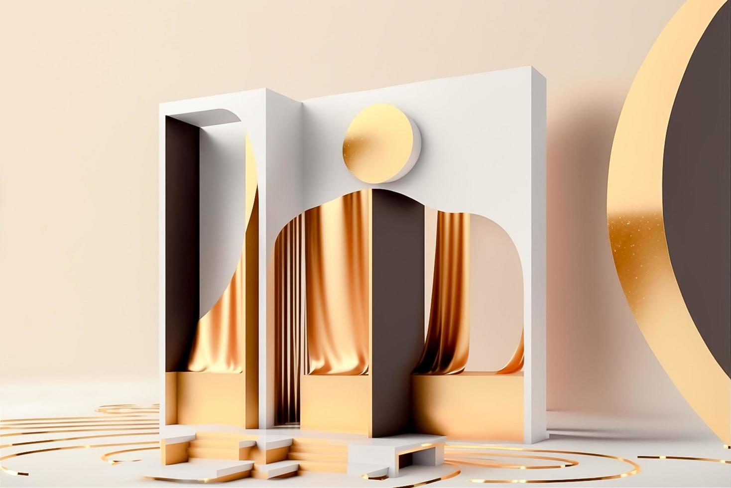 Foto 3d Rendern von das realistisch Gold Podium im Luxus und minimal Design mit golden Vorhänge