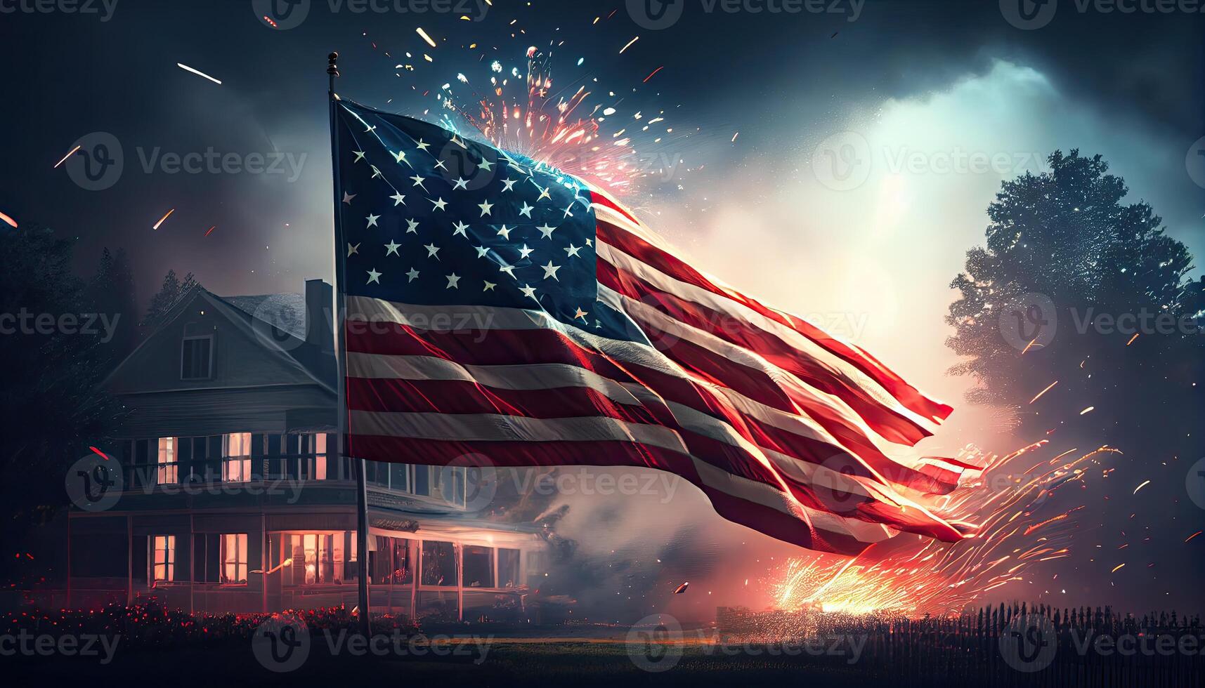 amerikanisch Flagge winken im das Luft mit Feuerwerk und Nacht Szene Aussicht vierte von Juli Konzept Unabhängigkeit Tag Zeit zum Revolution Juli 4 .. ai generiert foto