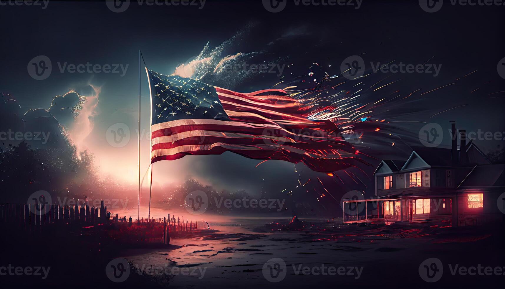 amerikanisch Flagge winken im das Luft mit Feuerwerk und Nacht Szene Aussicht vierte von Juli Konzept Unabhängigkeit Tag Zeit zum Revolution Juli 4 .. ai generiert foto