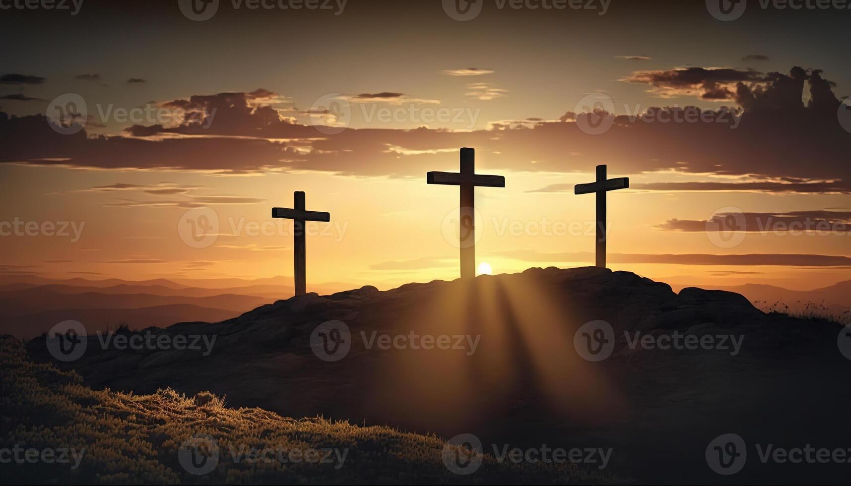 Jesus Christus beim Sonnenaufgang drei Kreuze auf Hügel generativ ai foto