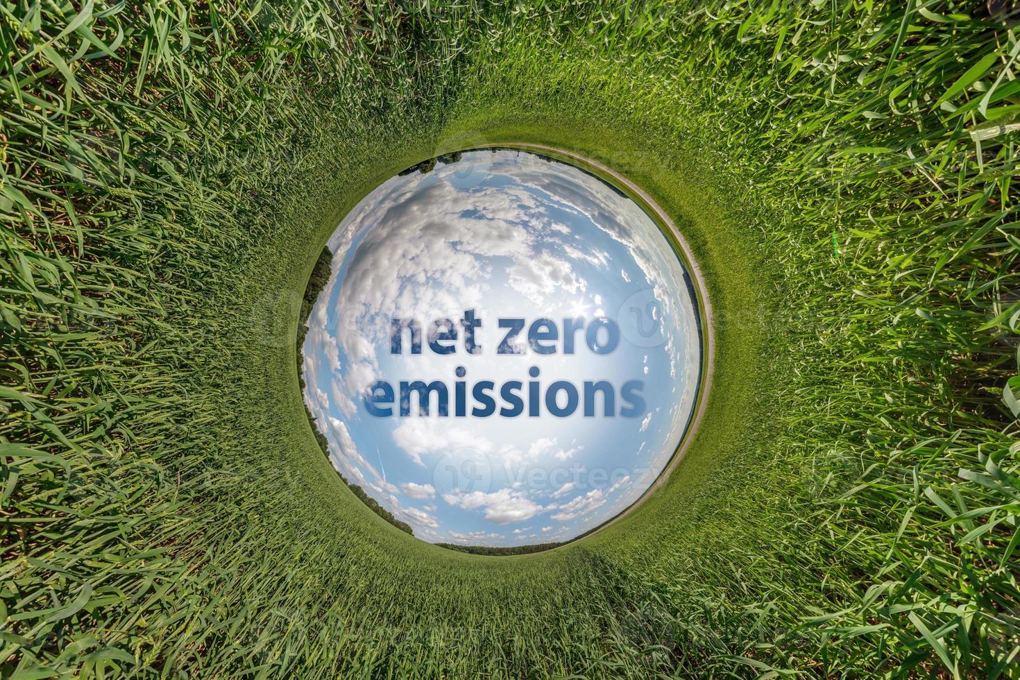 Netz Null Emissionen Text Konzept Bild gegen Blau wenig Planet im Grün Gras Hintergrund foto