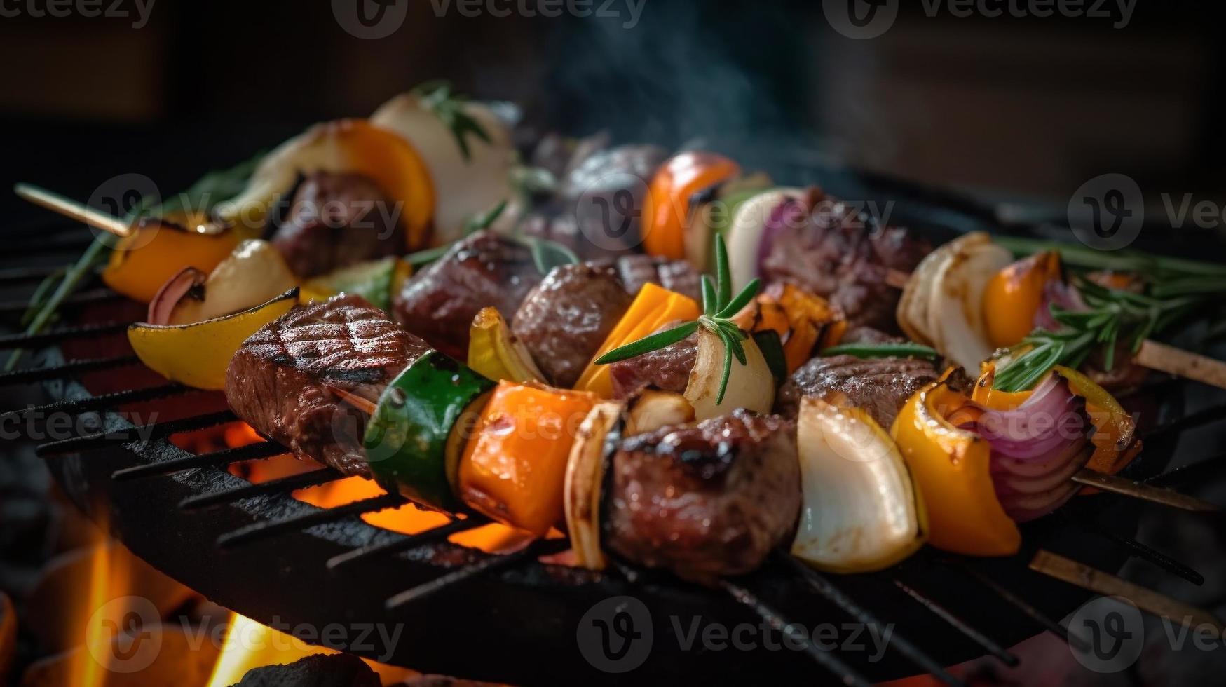 frisch saftig Gemüse und Steak Kebab auf das Flamme Grill - - generativ ai. foto