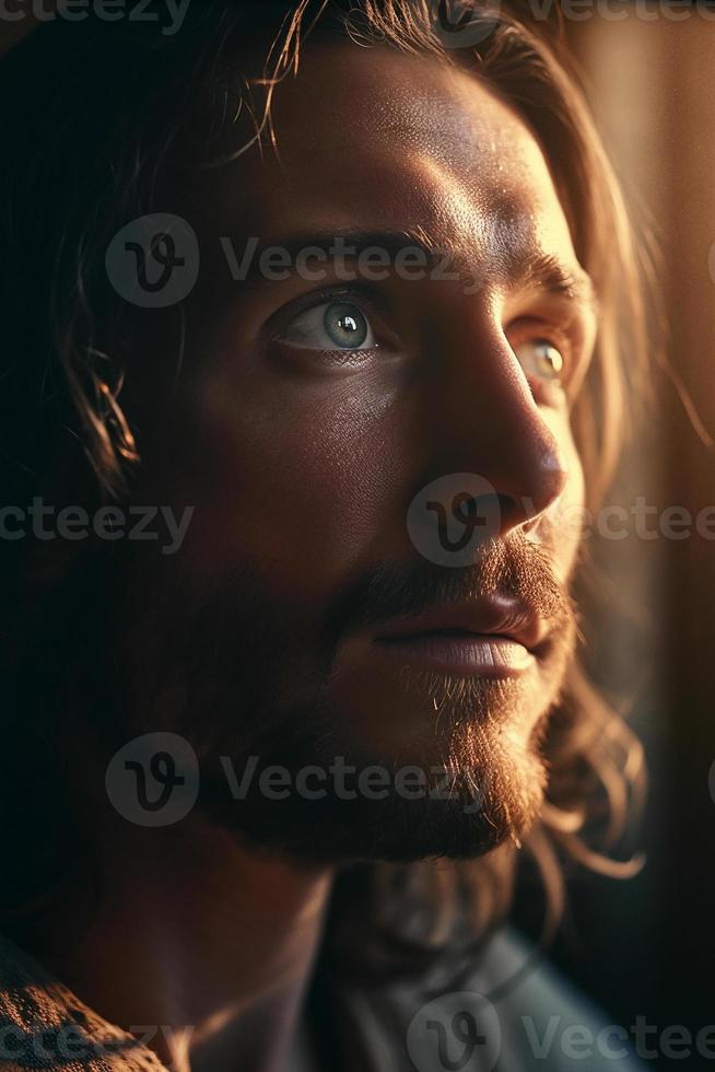 Profil Porträt von Jesus Christus im dramatisch Beleuchtung - - generativ ai. foto