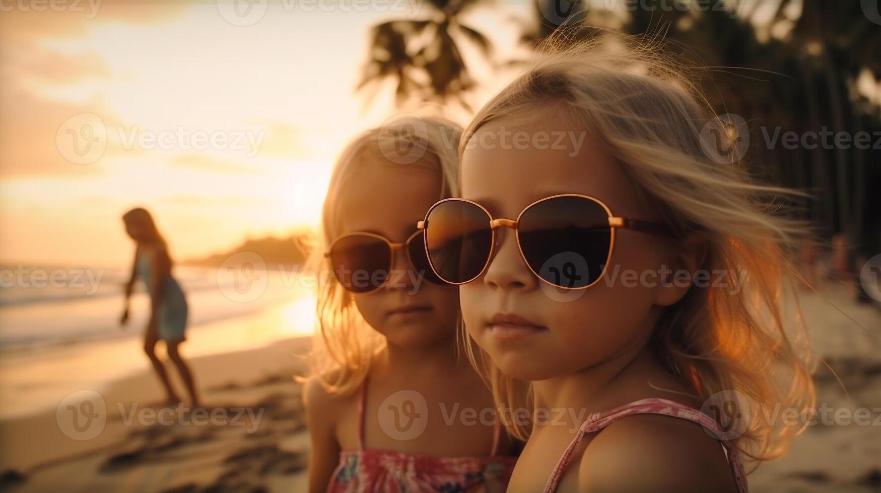 zwei jung Kinder Freundinnen posieren tragen Sonnenbrille haben Spaß auf das Strand - - generatvie ai. foto