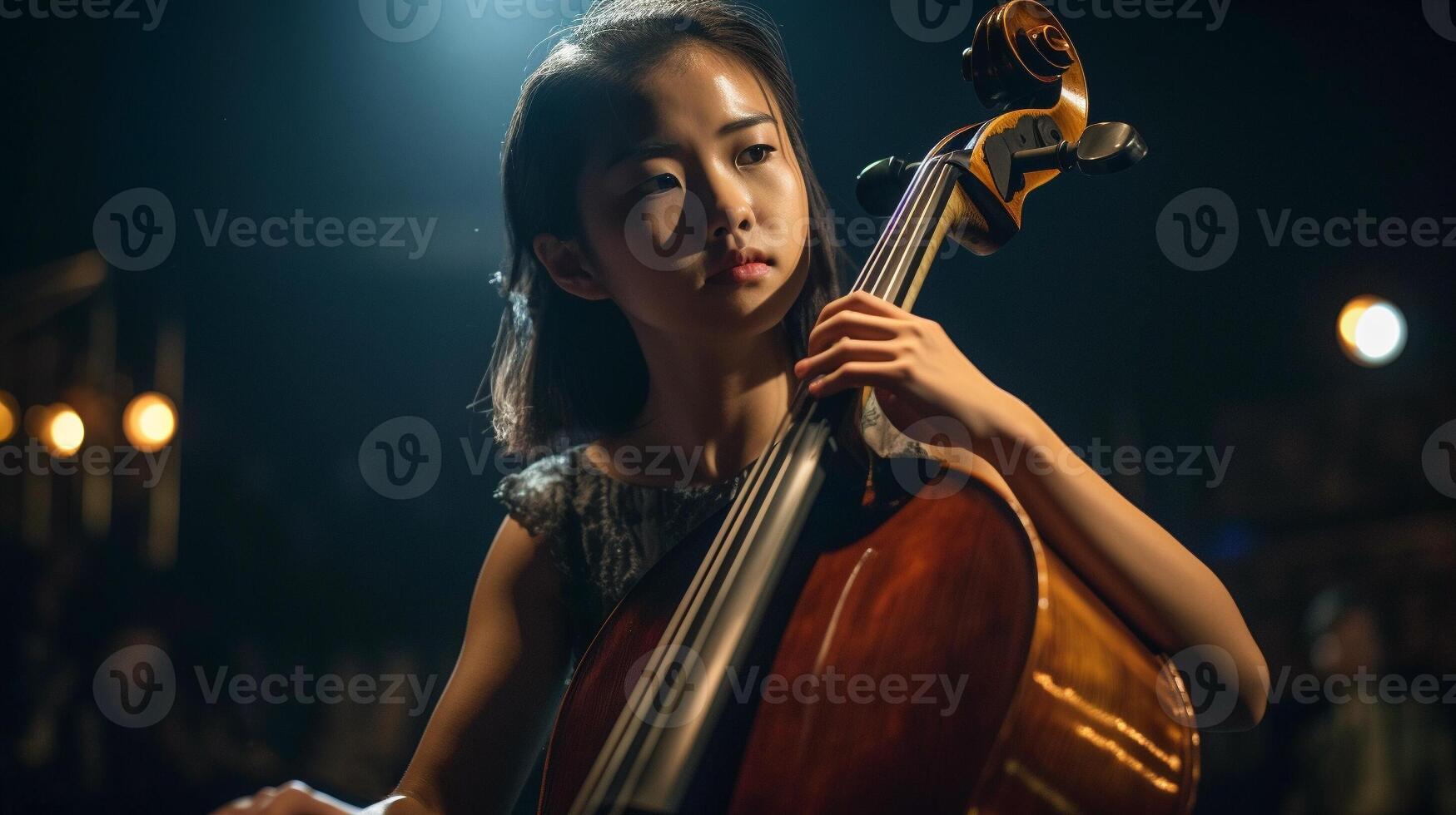 jung asiatisch Mädchen spielen ihr Cello beim das Konzert Halle unter dramatisch Beleuchtung - - generatvie ai. foto