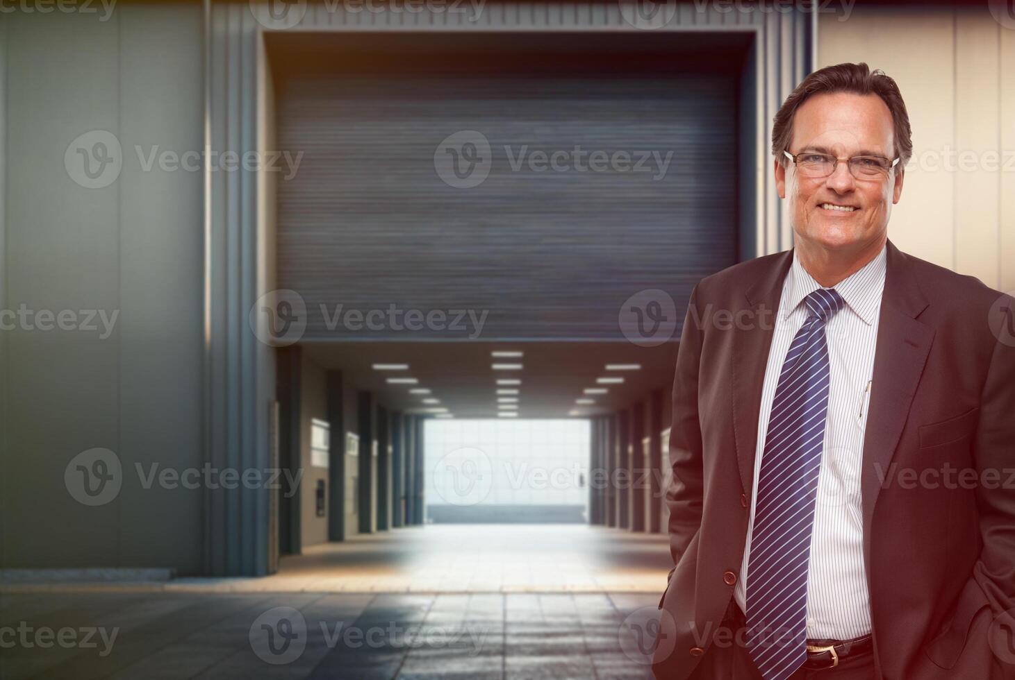 Geschäftsmann Stehen beim das Eingang von ein industriell kommerziell Gebäude mit öffnen Garage Tür - - generativ ai. foto