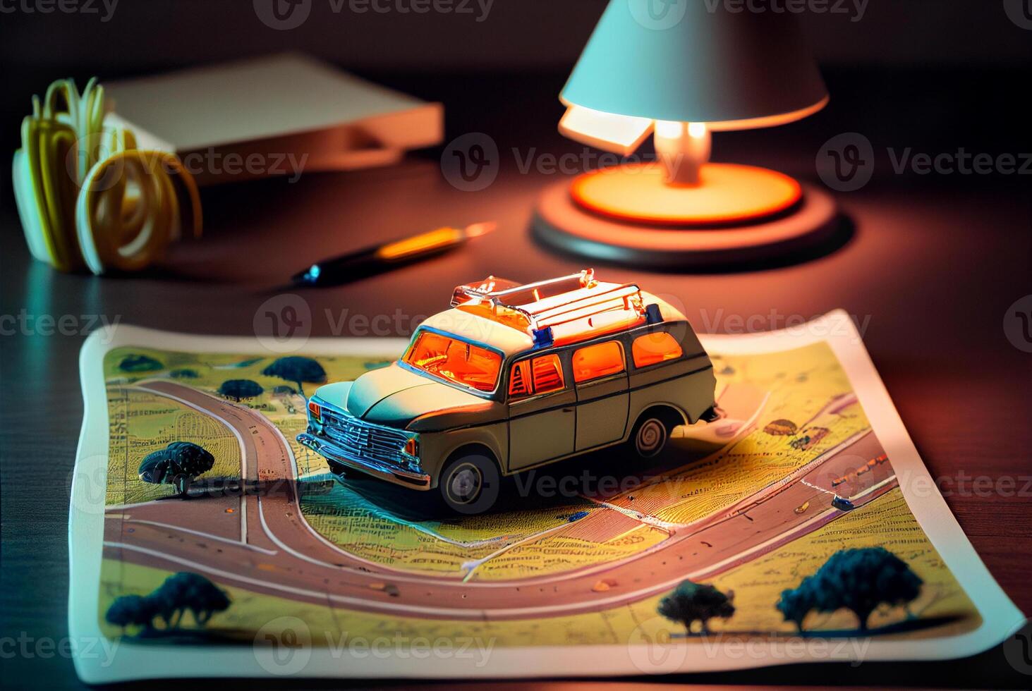 Miniatur Auto ruhen auf Schreibtisch und Straße Karte - - Reise Konzept - - generativ ai. foto