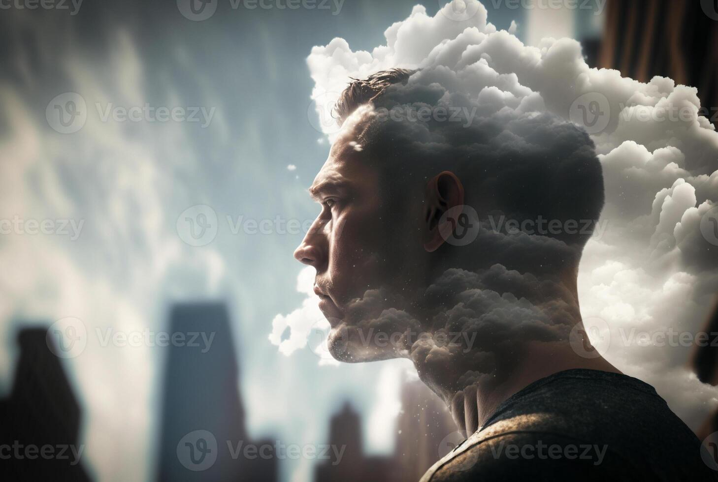 Mann Gehen um mit seine Kopf im das Wolken Konzept - - generativ ai. foto