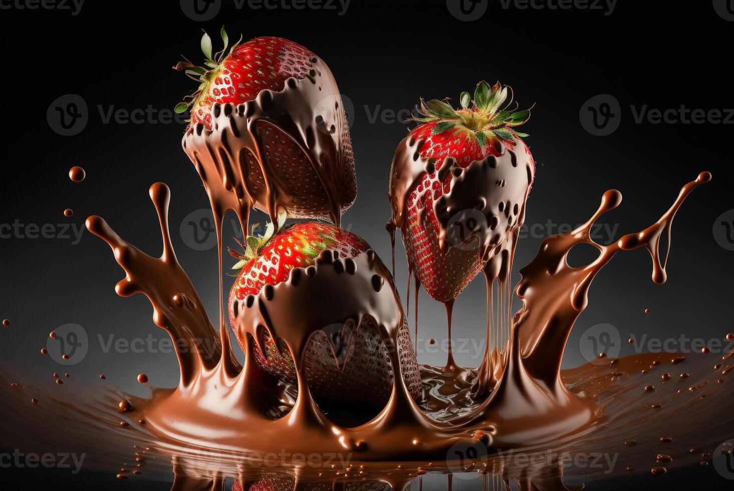 tropft Schokolade bedeckt Erdbeeren planschen in geschmolzen Schokolade - - generativ ai. foto