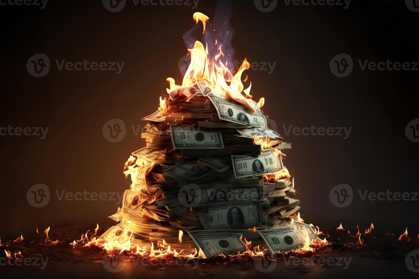 Inflation oder Verbrennung Geld Konzept mit Stapel von Dollar Rechnungen auf Feuer. generativ ai. foto