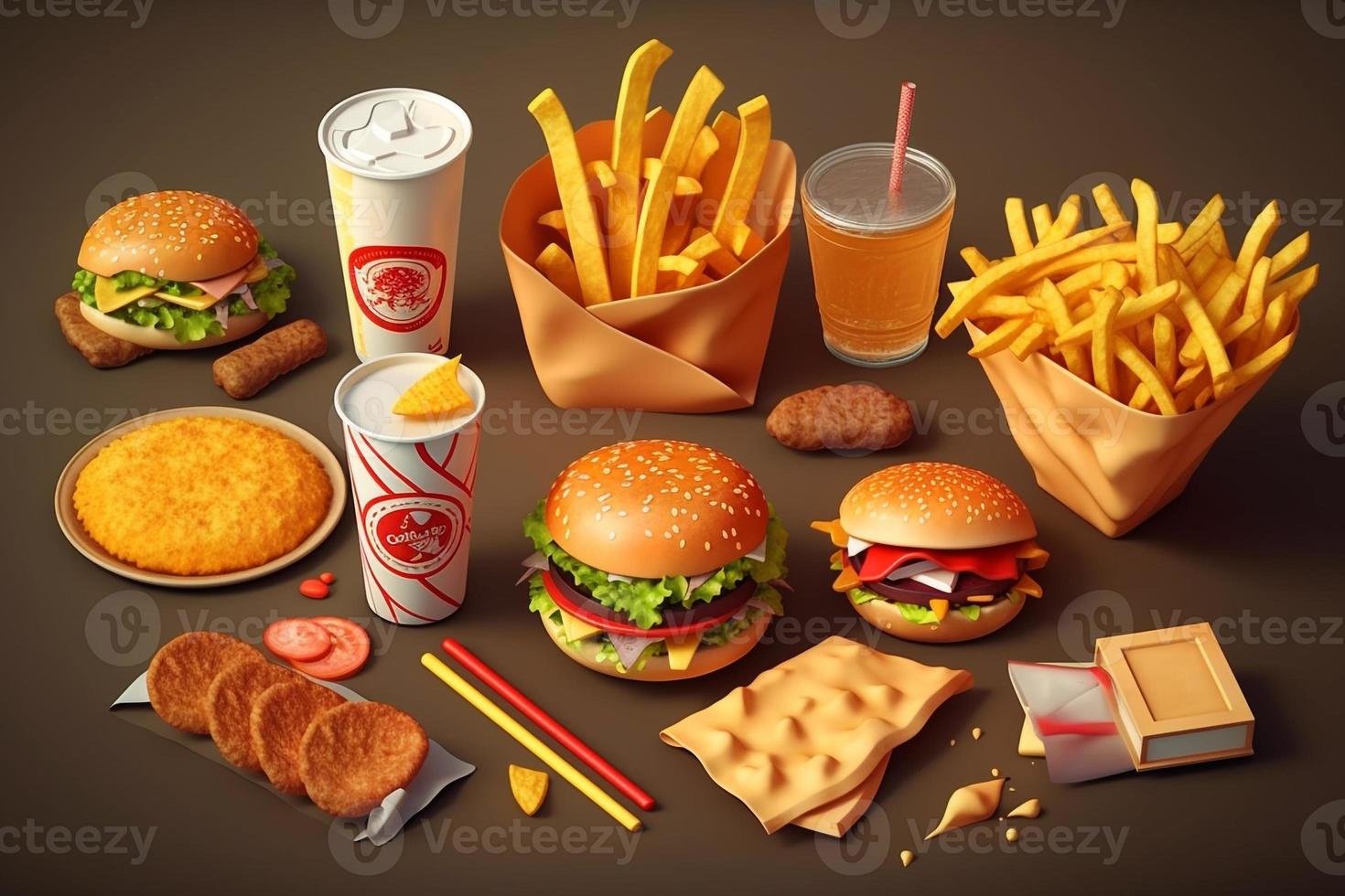 schnell Essen Satz. Hamburger, Cheeseburger, Cola, Französisch Fritten, Burger und Hamburger. ai foto