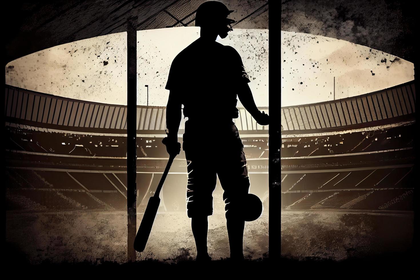 Silhouette, das Bild von ein Baseball Spieler mit ein Schläger auf das Hintergrund von das Stadion foto