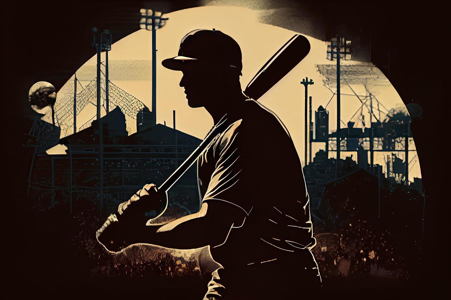 Silhouette, das Bild von ein Baseball Spieler mit ein Schläger auf das Hintergrund von das Stadion foto