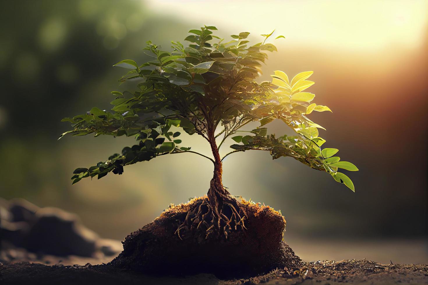 kleiner Baum, der mit Sonnenschein im Garten wächst. Öko-Konzept foto