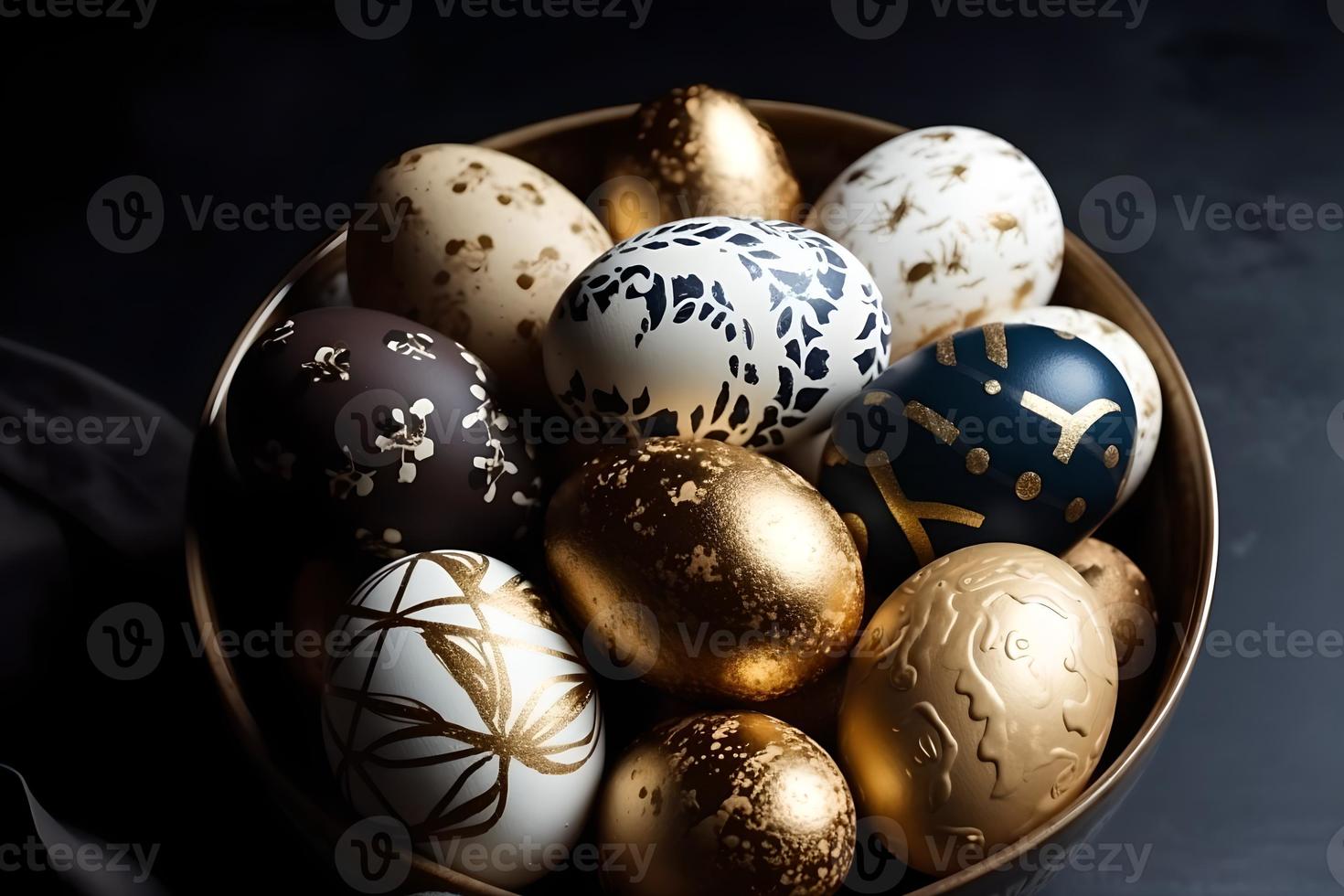 Gold, schwarz und Weiß dekoriert Ostern Eier gemalt durch Hand auf ein dunkel Hintergrund, Ostern, stilvoll minimal Komposition, eben legen foto