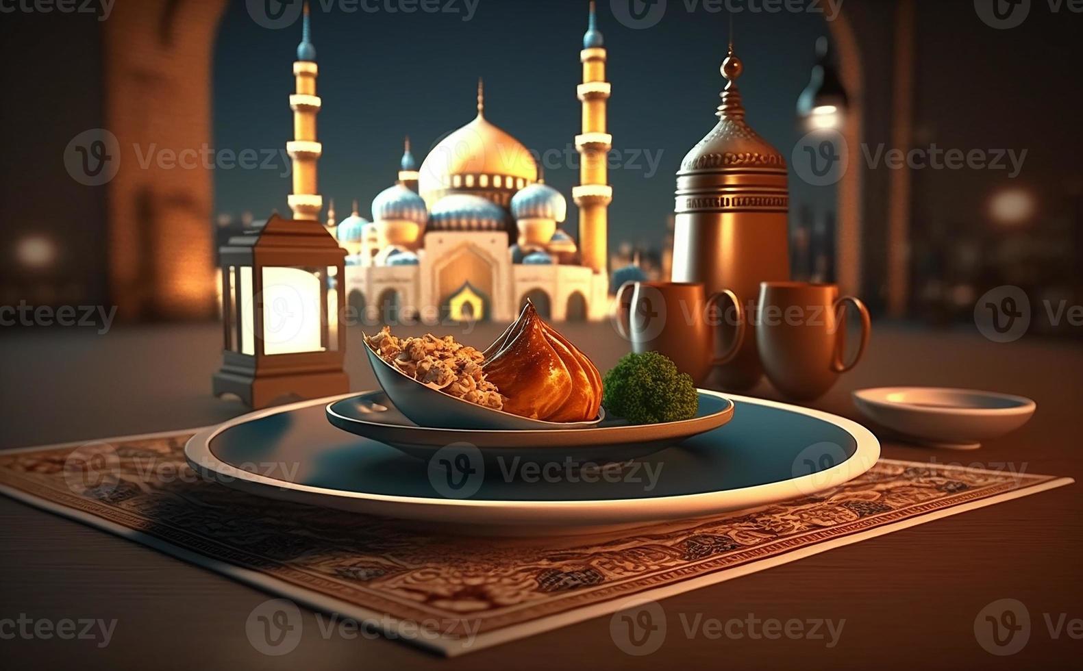 iftar Tabelle im das Monat von Ramadan, ein Ausflug voll von Sorten von köstlich Saudi arabisch Essen, das Monat von Ramadan, Ramadan karem, Ramadan Laterne, das Hintergrund von das Moschee. foto