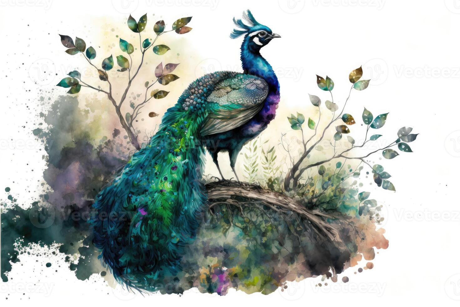 ai generiert süß Pfau Verbreitung Flügel im das Wald. Aquarell Gemälde von süß Vogel Tiere. foto