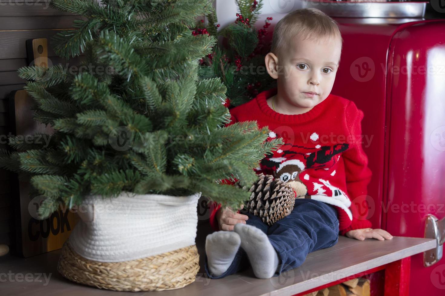 glücklich wenig Junge im Weihnachten. ein komisch Kind ist Sitzung im das Küche mit ein Grün Weihnachten Baum. foto