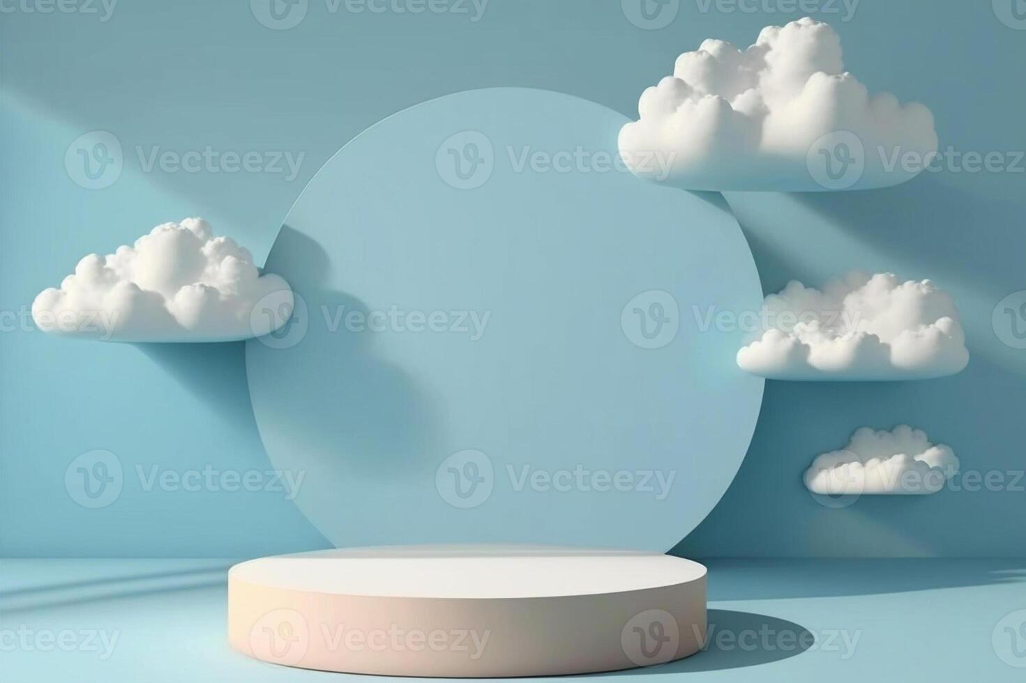 süß Anzeige Podium mit flauschige Wolke schwebend auf Baby Blau hintergrund.natürlich Beleuchtung. generativ ai. foto