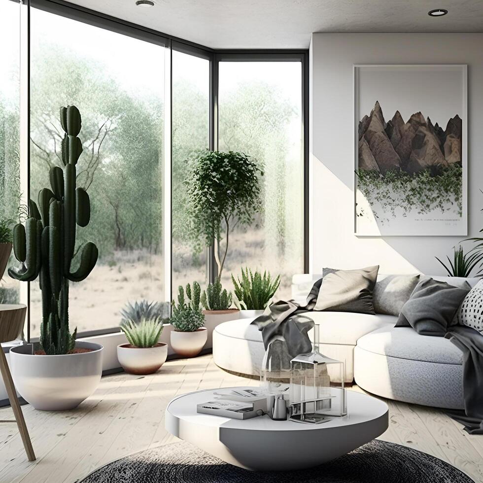 zeitgenössisch Leben Zimmer ästhetisch mit Pflanze und Weiß Mauer und Panorama- Fenster - - ai generiert Bild foto