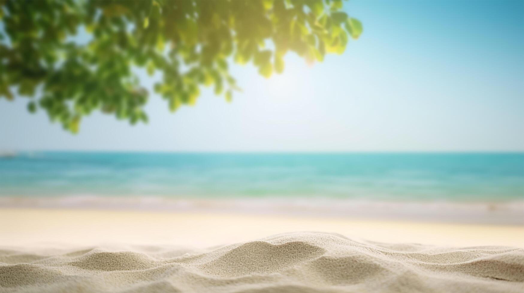 schön Sommer- exotisch sandig Strand mit verschwommen Baum und Meer auf Hintergrund generativ ai foto